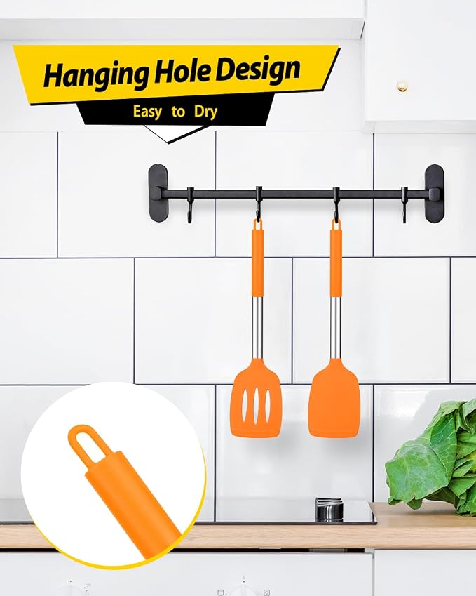 Pack of 2 Silicone Solid Turner, Non Stick Slotted Kitchen Spatulas, High Heat Resistant BPA Free Cooking Utensils, Ideal Cookware for Fish, Eggs, Pancakes (ORANGE)