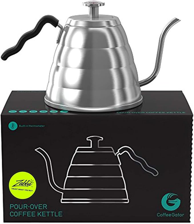 Coffee Gator Gooseneck Kettle with Thermometer - 34oz | Stainless Steel Pour Over Coffee Maker, Stove Top, w/Precision Drip Spout, for Drip , French Press, Tea Kettle, 4 Cup, 1L