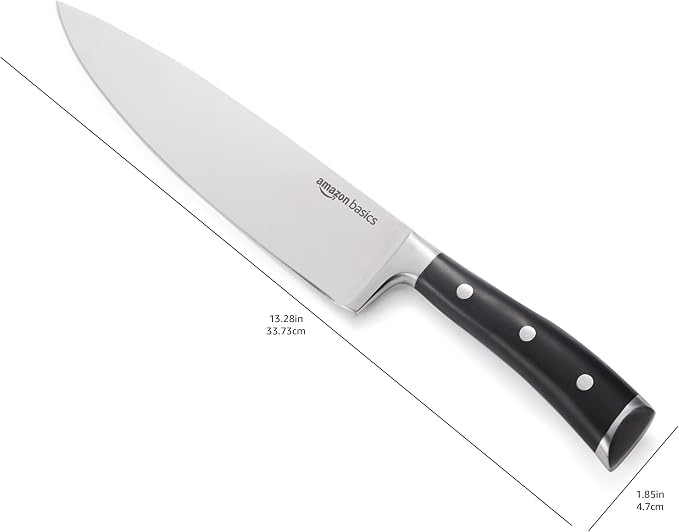 Amazon Basics Classic 8-inch Full Tang High Carbon Stainless Steel Chef's Knife, Multipurpose Kitchen Knife with Three Rivets, Silver