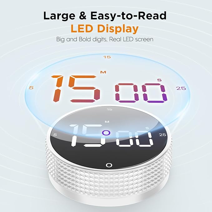 Digital Kitchen Timer - Magnetic Countdown Count Up Clock with Large LED Display, 5/15/25 Min Presets, 3 Volume Levels, Rotary Dial for Cooking, Productivity, Classroom, Fitness (2, White)