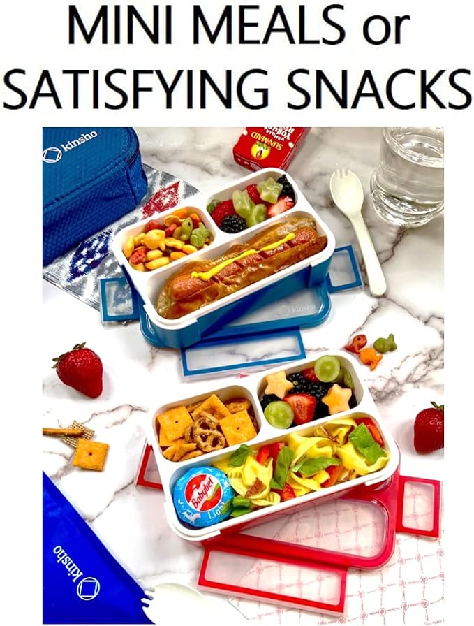 kinsho Small Snack Containers for Kids Toddlers, Set of 2 (Red + Navy Blue) | 3 Compartments, Leak-Proof, Spill Proof, BPA-Free Reusable Small Mini Bento Lunch Box for Daycare School Travel, Holds 2 Cups