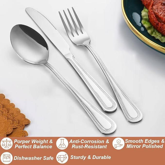 20 Pcs Silverware Set for 4, Food Grade Stainless Steel Flatware Set, Eating Utensils Sets Include Fork/Knife/Spoon, Reusable Cutlery Set for Home Kitchen, Dishwasher Safe, Pearl-edged