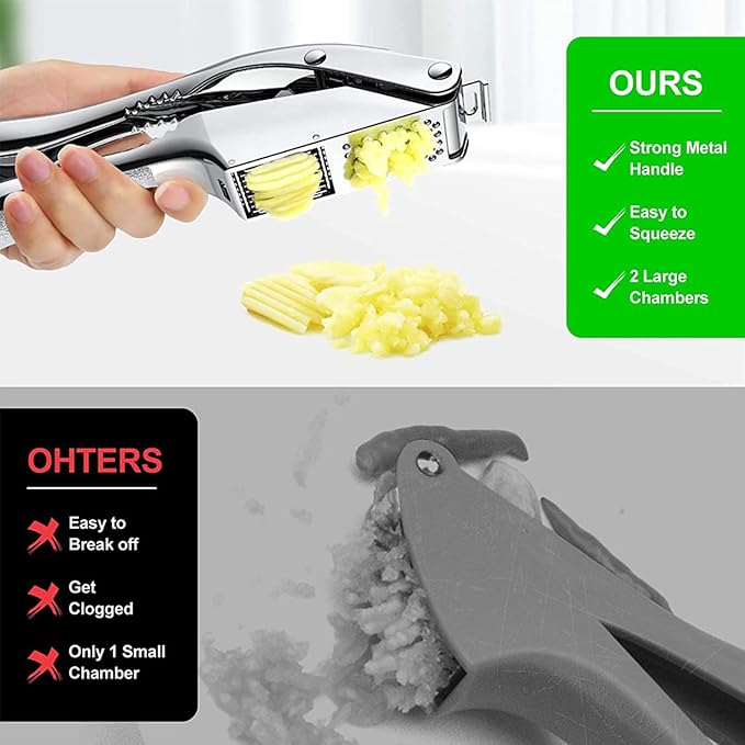 2-in-1 Stainless Steel Garlic Press & Ginger Slicer with Ergonomic Handle | Heavy Duty Stainless Steel, Ergonomic Handle, Garlic Mincer with Slicer Function, Dishwasher Safe, For Garlic, Ginger, Nuts