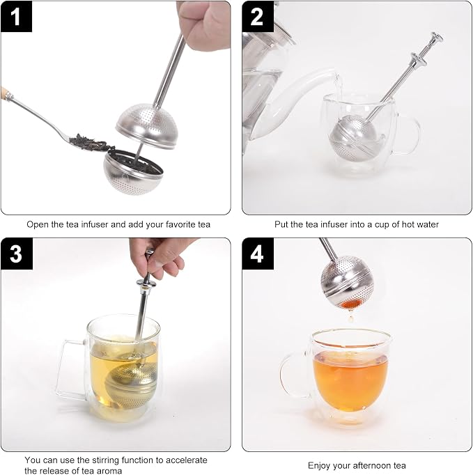 Long Handle Tea Ball, Tea Infuser for Loose Leaf Tea, 2Pcs | Fine Mesh Holes, Stainless Steel Ball, No Tea Residue, For Cup and Teapot, Tea Lover Gift, Free Clean Brush