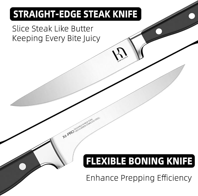 KnifeSaga Japanese Knife Set with Sharpener, Premuim, Razor Sharp, 15 Pcs | Innovative Steel, High Carbon Stainless, Enduring Sharpness, Ergonomic Handle, Quality Acacia Wood Block, Full-tang, Gift Box