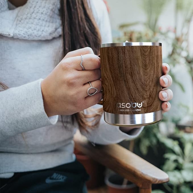 asobu Ultimate Stainless Steel Ceramic Inner Coating Coffee Mug with Double Walled Copper Lining Insulation, 12 Ounces -(Wood)