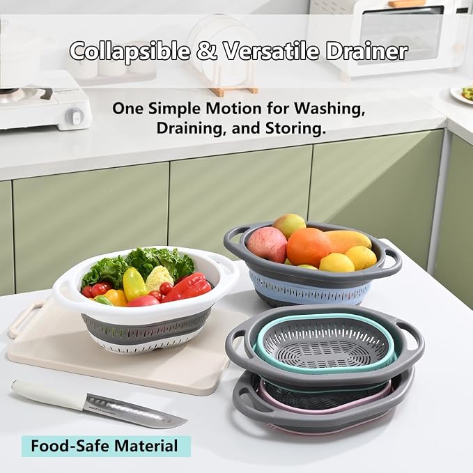 2-Pack Collapsible Silicone Colander Strainer, Foldable Kitchen Sink Basket for Washing Vegetables & Pasta, Space Saving & Dishwasher Safe, Kitchen Essentials
