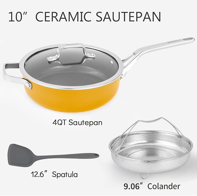 10-in-1 Yellow Ceramic Nonstick Deep Saute Pan Set With Steamer & Lid, 4QT | 10".PFAS-free frying pan.non-toxic. Induction ready. Oven safe to 480°F. Cool-touch handle. Dishwasher safe. Perfect for RVs!