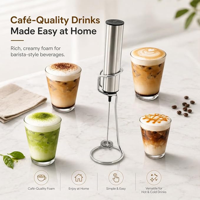 Rechargeable Milk Frother with Stand, Electric Whisks Foam Maker, POWERFUL USB C 2 Speed Handheld Drink Mixer for Coffee, Latte, Cappuccino, Matcha Drinks,Silver