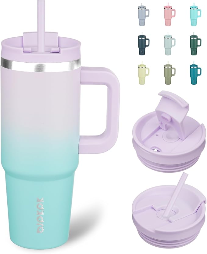 BJPKPK 30 oz Insulated Tumbler with Handle & Straw, Stainless Steel | Double Wall Vacuum Insulation, Leak Proof, BPA Free, Dishwasher Safe, Cupholder Friendly, Travel & Outdoor, Lavender Green
