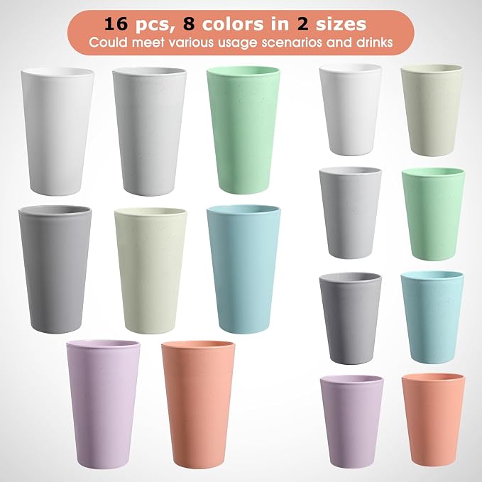 HEYCOME Set of 16 Wheat Straw Cups, 8 Pcs 20 oz & 8 Pcs 12 oz Unbreakable Drinking Cups, Reusable Plastic Cups Sets, Water Glasses Tumblers, Microwave & Dishwasher Safe, Bpa Free, 8 Colors