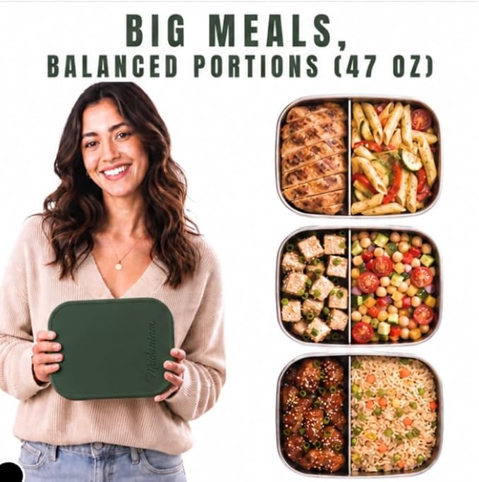 Flexibento - 47 OZ Leak proof Stainless Steel Lunch Box Containers with Silicone Lids, Steel Bento Box, Metal lunch Box, ForestGreen-47OZ-Set Of 2