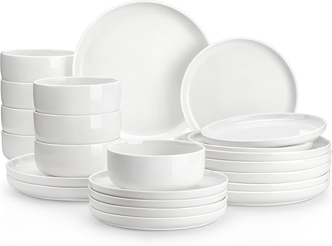 MALACASA Plates and Bowls Sets, 24 Pieces Modern Porcelain Dinnerware Set for 8, Ceramic Dishware Dishes White Kitchen Dinner Dining Ware Set, Microwave and Dishwasher Safe, Series LUNA | Modern Ceramic Dishware,Kitchen Dining Ware,Microwave and Dishwa...