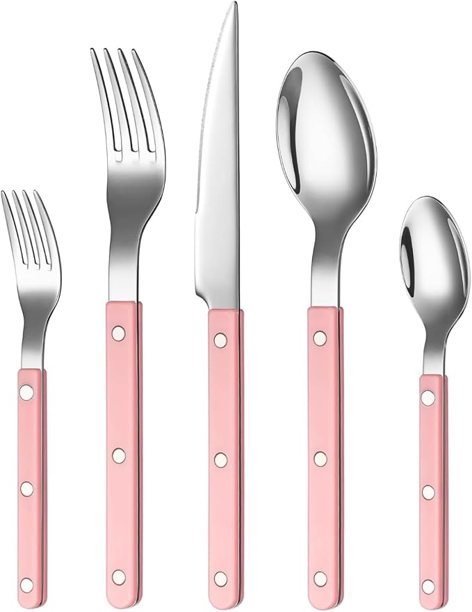 Khen Cutlery Set of 20 Pieces, 18/8 Stainless Steel Flatware, Modern Silverware for Home, Kitchen, Dining & Table Setting for 4, Dishwasher Safe, Lightweight & Ergonomic Design Gift - Pink