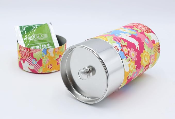 Japanese Pokkan Matcha Coffee Spice Tea Tin Canister Washi Paper Storage with Lid 7.05 oz Capacity (Hana Usagi)
