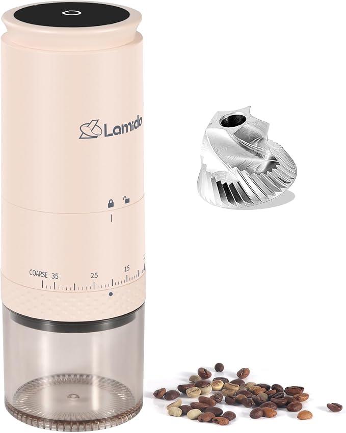 Lamido Portable Electric Coffee Grinder with Ceramic Burr - Visual Bean Hopper - 38 Adjustable Grind Settings - 1.8X Faster Grinding - 2000 mAh Rechargeable (Light Beige, E90M)