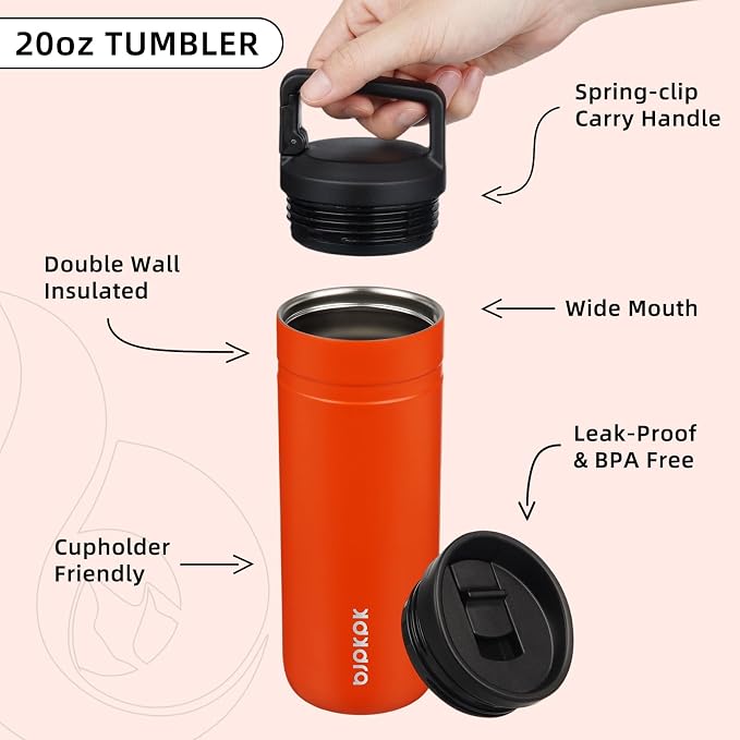 BJPKPK 20 oz Insulated Travel Water Bottle, Coffee Tumbler Stainless Steel | Double Wall Vacuum, Leakproof, Thermal, Keeps Hot/Cold, BPA Free, Dishwasher Safe, Spill Proof, Wide Mouth, 2 Lids, Orange