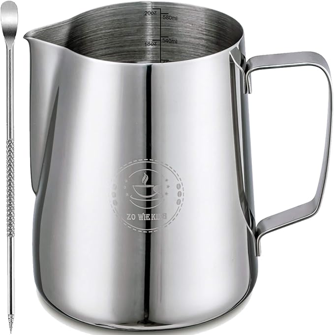 20oz Milk Frothing Pitcher, Stainless Steel Espresso Steamer Frother Cup | 600ml metal jug includes professional latte art decorating pen; top barista accessories for perfect coffee cappuccino making