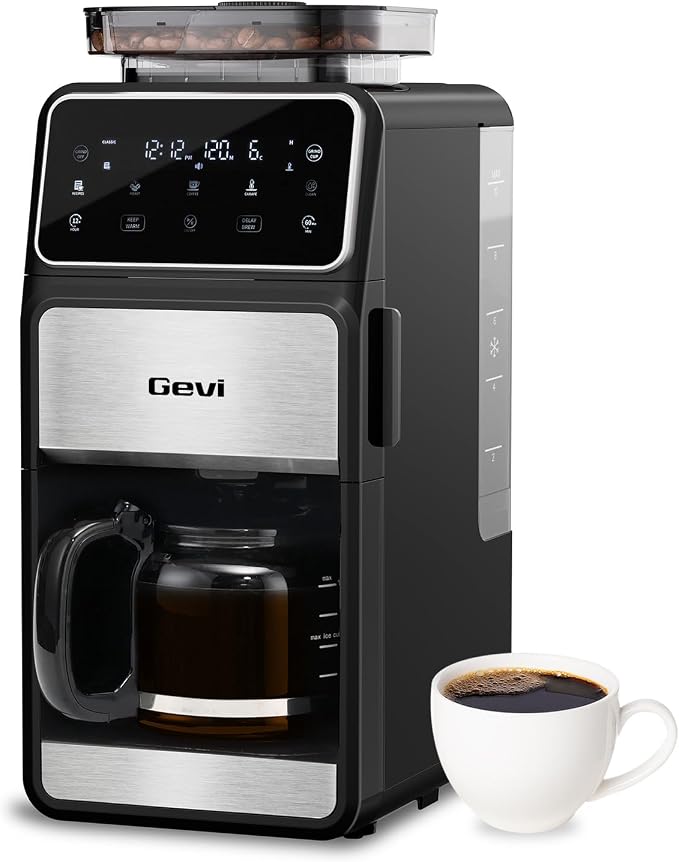 Gevi 10-Cup Grind & Brew Drip Coffee Maker with Built-In Burr Grinder | 24-Hour Programmable Timer, Touch Screen Control, 4-Hour Warm Plate, Permanent Filter with Original Glass Coffee Carafe