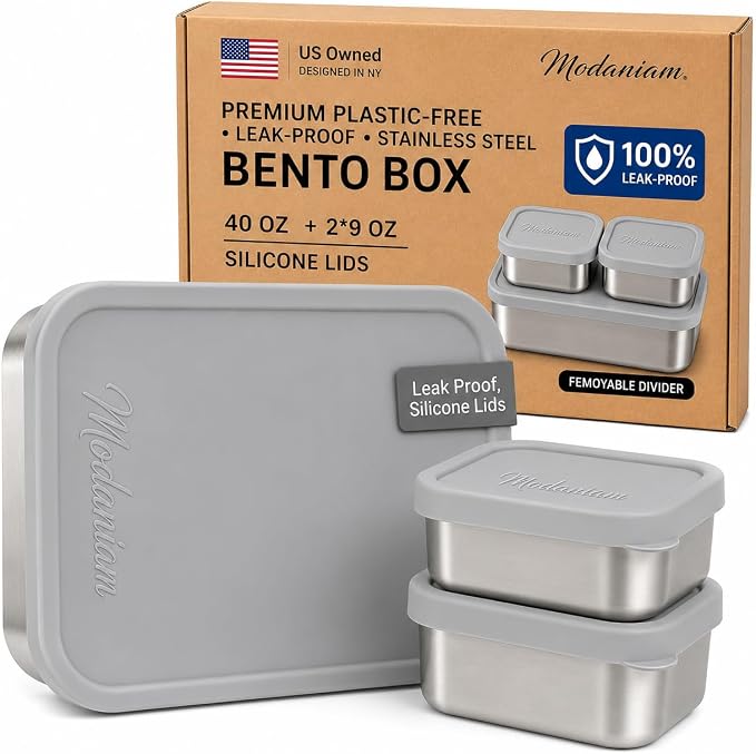 Flexibento 40 OZ Leak Proof Stainless Steel Lunch Box ,Grey Set of 3