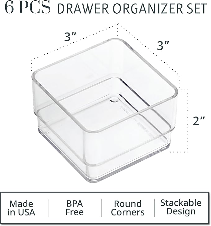 STORi SimpleSort 6-Piece Stackable Clear Drawer Organizer Set | 3" x 3" x 2" Square Trays | Small Makeup Vanity Storage Bins and Office Desk Drawer Dividers | Made in USA