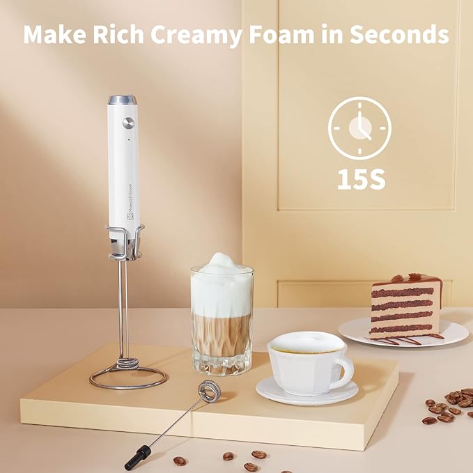 Maestri House Rechargeable Milk Frother,Stand & 3 Detachable Whisks | Lunafro Plus 8000RPM Turbo Motor, 1200mAh lithium battery, Handheld Milk Frother for, Cappuccino, Matcha & Protein Powder