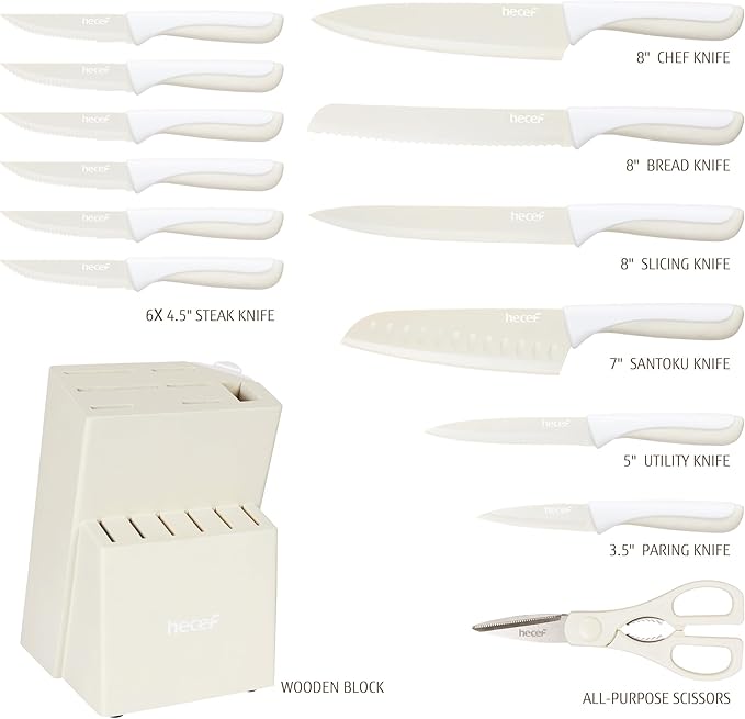 hecef 15Pcs Cream White Kitchen Knife Set, Built-in Sharpening Wooden Block | Dishwasher Safe, High Carbon Stainless Steel, Includes Steak Knives & Kitchen Scissors