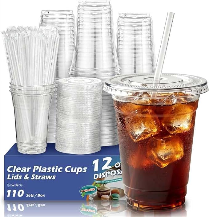110 Pack 12 oz Disposable Clear Plastic Cups with Lids and Straws | To Go,BPA-Free,Heavy Duty,Leak-Resistant,for Iced Coffee,Cold Drink,Smoothie,Matcha,Juice,Dirty Soda,Party,Small Size,Bulk