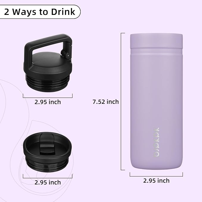 BJPKPK 20 oz Insulated Travel Water Bottle, Coffee Tumbler Stainless Steel | Double Wall Vacuum, Leakproof, Thermal, Keeps Hot/Cold, BPA Free, Dishwasher Safe, Spill Proof, Wide Mouth, 2 Lids, Purple