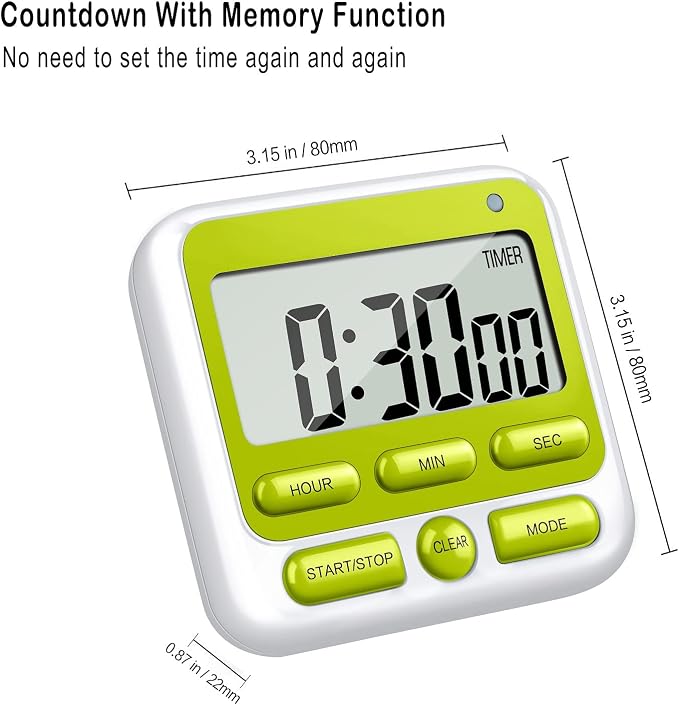 4-in-1 Digital Timer with Count Up/Down, Clock & Alarm, Ring & Silent Modes | Large 2.8-Inch easy-read LCD, On/Off switch, 24-Hour count up/down, Fast-forward function, Magnetic back, stand, hanging hole