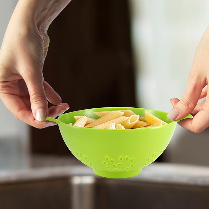Meadow Lane 6-Inch Small Colander, 3-Cup Food Strainer, Meadow Green | BPA-free, dishwasher-safe mini colander has a wide, shallow bowl, 1/8-inch holes, two handles, ring foot and smooth edges.