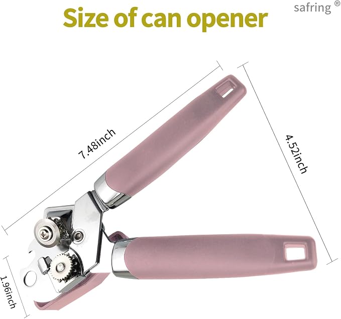 Safring Can Opener Manual, Handheld Strong Heavy Duty Stainless Steel Can Opener, Comfortable Handle, Sharp Blade Smooth Edge, Can Openers with Multifunctional Bottle Opener, Pink