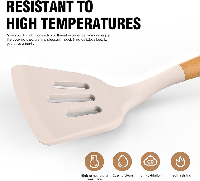 Silicone Cooking Utensils Set - AVGPD Silicone Kitchen Utensils for Cooking Wooden Handles, 446°F Heat Resistant Kitchen Utensil Spatula Sets w Holder, Gadgets for Non-Stick Cookware BPA FREE (Khaki)