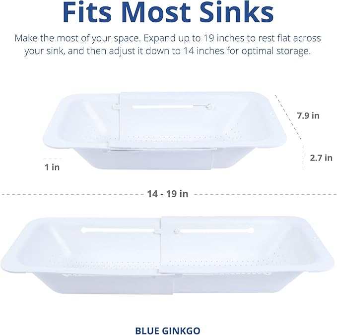 Blue Ginkgo Over Sink Colander, Extendable Kitchen Strainer, 2-Pack, White | Fits Most Sinks. Rinse, Drain and Dry with Ease.