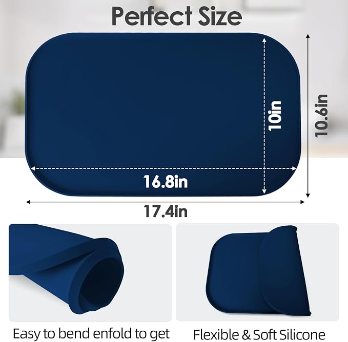 Silicone Coffee Maker Mat with Lip for Countertops, 17.4''x10.6'' Navy Blue | Multi leak-proof coffee tray for countertop, non-slip silicone mat fits most coffee makers & espresso machines, wipe-clean