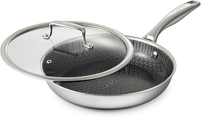 10 Inch Hybrid Nonstick Frying Pan with Lid, Tri-Ply Stainless Steel Pan with Non-Toxic Ceramic Coating, FDA Compliant & PFAS-Free, Dishwasher & Oven Safe, Induction & All Cooktops Compatible