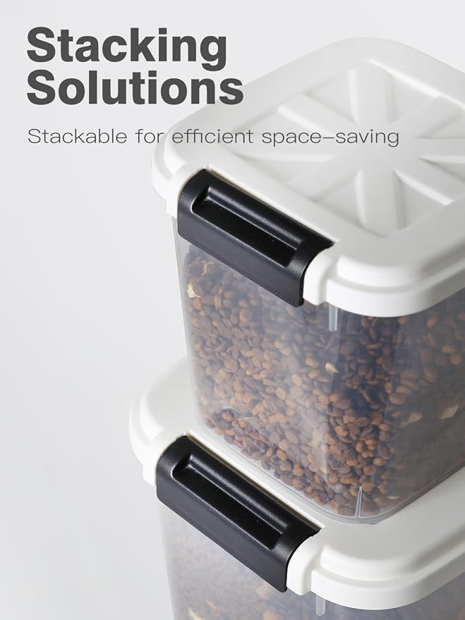 6 lb Airtight Dog Food Storage Container with Scoop, White | Airtight snap-lock lid, clear BPA-free body, and measuring cup keep dry dog or cat food, treats, cereal, and grain organized.