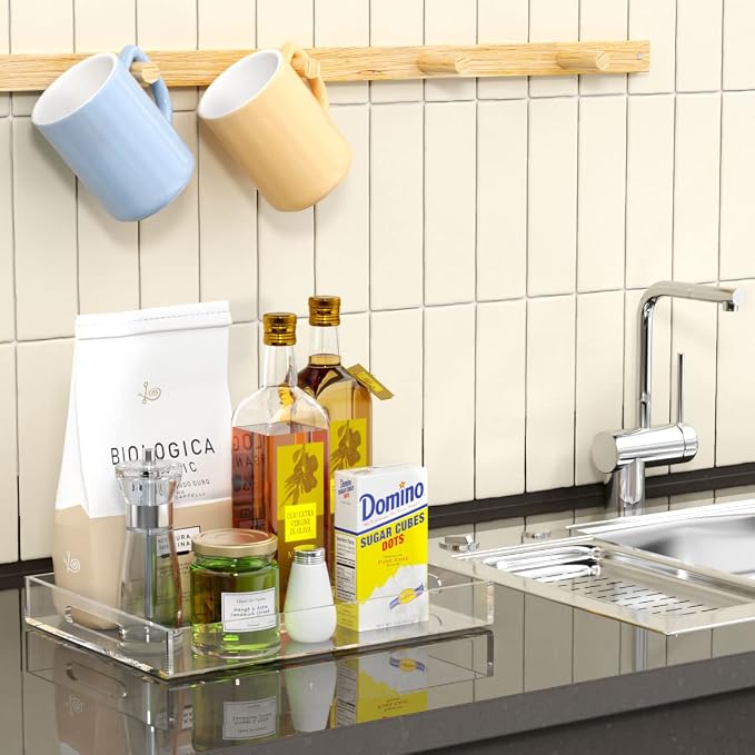 NIUBEE Clear Serving Tray 12x16 Inches -Spill Proof- Acrylic Decorative Tray Organiser for Ottoman Coffee Table Countertop with Handles | Spill-Proof tray for Coffee Table, Ottoman | Decorative Tray for Breakfast in Bed, Drink Serving & Home Organization