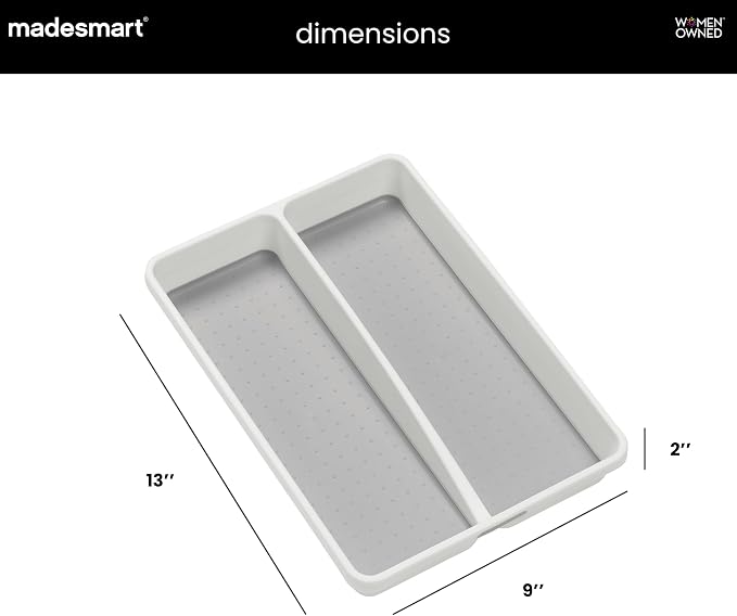 madesmart Classic 2 Compartment Compact Kitchen Tool Tray, White | non slip feet, rounded corners, soft grip lining, wide channels, spatulas whisks tongs, ladles serving spoons, woman owned
