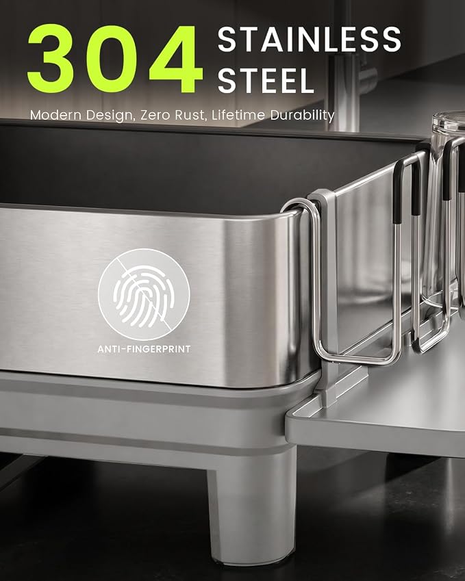 304 Stainless Steel Dish Drying Rack for Kitchen Counter, Grey | Large Capacity Rustproof Dish Rack with Auto Drain Spout, Removable Utensil & Cup Holders, Drainboard Set