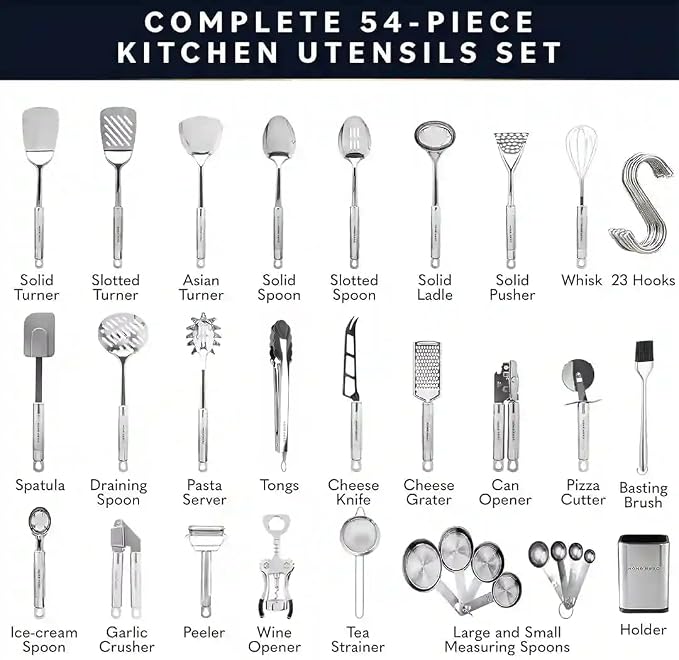 Home Hero 54-Piece Stainless Steel Kitchen Utensils Set - Heat-Resistant Nonstick Silicone & Stainless Steel Cooking Utensils - Complete Tools with Slotted Spoon & Pasta Spoon - Pack of 54, Silver | Heat-Resistant Stainless Steel Kitchen Utensil Set - ...