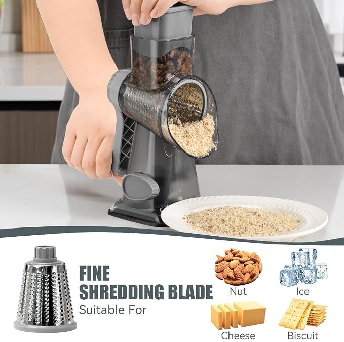Rotary Cheese Grater Hand Crank Transparent - Shredder Slicer Grinder 3 Stainless Steel Blades, Stable Suction, Labor-Saving Handle, Safe Kitchen Tool for Cheese, Vegetable, Nuts, Chocolate