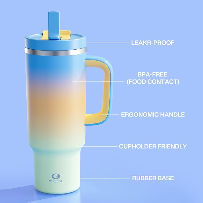 ENCOOL 40 oz Tumbler with Handle and Straw: Stainless Steel Insulated Tumbler Keeps Cold for 24 Hours, Leakproof Travel Cup Fits in Cup Holder and BPA-Free, Sunny Breeze