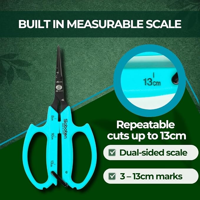 Saboten Japanese Harvesting Shears, Magnetic Springless, Fine-Tip Angled Blade, Fluorine-Coated Steel, Non-Slip Grip, Safety Lock, Made in Japan (Turquoise)