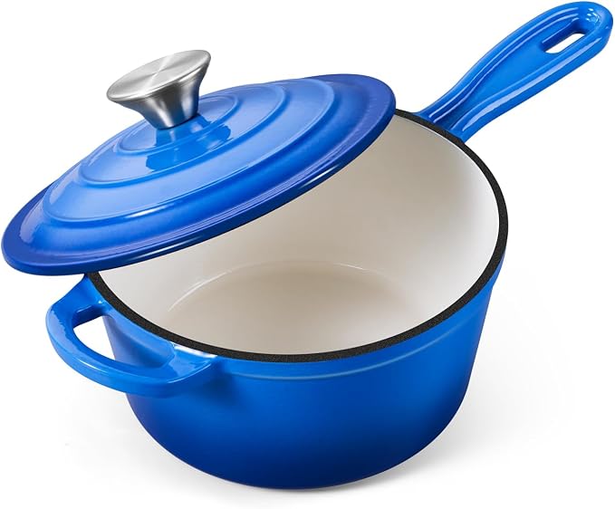 Onader 2 Quart Enameled Cast Iron Saucepan, Small Cast Iron Sauce Pan Pot for Cooking, Enamel Dutch Oven Kitchen Pot – Deep Blue