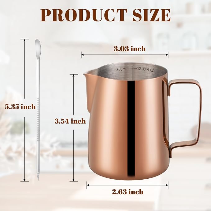 Amrules Milk Frothing Pitcher, 12 oz Milk Frother Cup with Clear Scale, 304 Stainless Steel Cappuccino Espresso Machine Accessories for Barista Coffee Bar with Latte Art Pen, Rose Gold