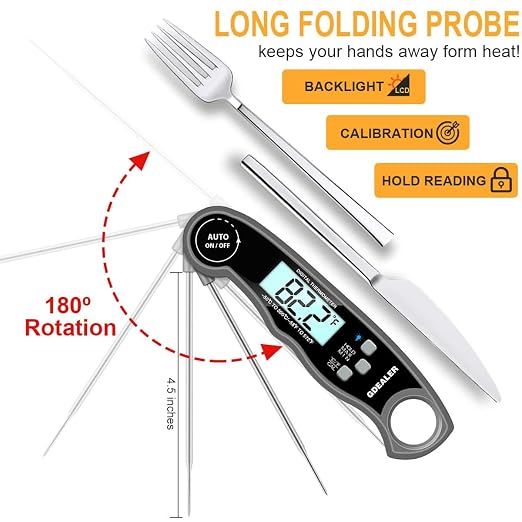 GDEALER Meat Thermometer Digital Instant Read Food Thermometer Waterproof Ultra-Fast for Grill Cooking Kitchen with Backlight & Calibration
