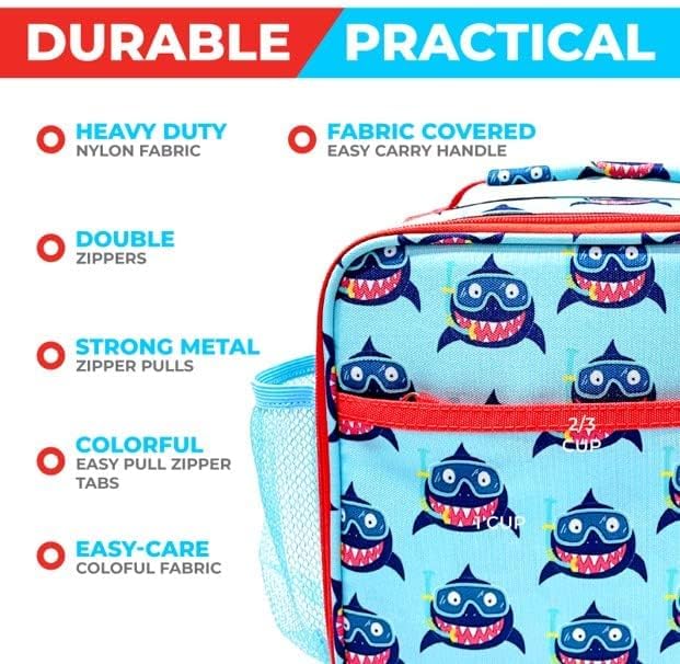 kinsho Bento Lunch Box Set with Thermo Bag & Ice Pack, Cute Baby Blue Shark | 4 Compartments, Removable Tray, Small Meal Snack Container for Boys Toddlers, Daycare & Pre-School, Steel Food Jar