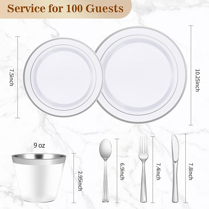BESTVIP 600PCS Silver Dinnerware Set for 100 Guests, Plastic Plates for Party, 100 Silver Disposable Plates, 100 Dessert Plates, 100 Cups, 100 Spoons, 100 Forks and 100 Knives | Plastic Plates for Party, 100 Silver Disposable Plates, 100 Dessert Plates...