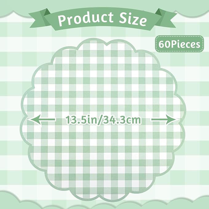 60 Pcs Sage Green Gingham Paper Placemats, Scalloped Checkered Place Mats | 13.5 Inch Disposable Placemat Decorative Paper for Table Setting BBQ Baby Shower Wedding Bridal Banquet Tea Party